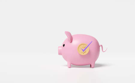 pink piggy bank with gold coins money,check isolated on white background.saving money concept,3d illustration or 3d renderの写真素材