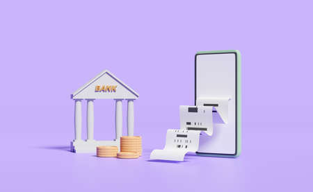 mobile phone,smartphone with coins,bank or tax office building,invoice,paper receipt,electronic bill payment isolated on purple background.saving money concept,3d illustration,3d renderの写真素材