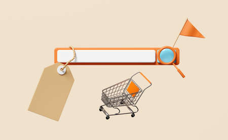 blank search orange bar with magnifying glass,shopping cart,flag,price tags isolated on beige...