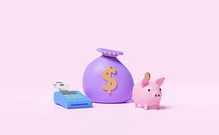 payment machine or pos terminal with electronic bill payment,piggy bank,invoice or paper check receipt,money bag isolated on pink  background,saving money concept,3d illustration or 3d renderの写真素材