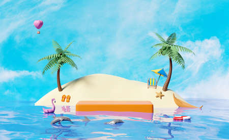 stage podium empty with sea,Inflatable flamingo,lifebuoy,boat,umbrella,dolphins,beach,island,coconut,sandals isolated on blue sky background.shopping summer sale concept,3d illustration,3d renderの写真素材