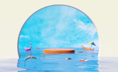 cylinder stage podium empty with summer sea,buoy,Inflatable flamingo,lifebuoy,boat,umbrella,dolphins isolated on blue sky background.shopping summer sale concept,3d illustration or 3d renderの写真素材