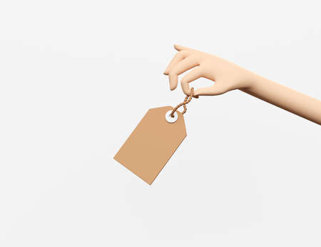 hands holding brown price tags isolated on white background.online shopping concept,3d illustration or 3d renderの写真素材