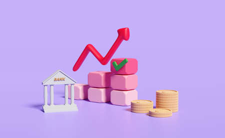 charts,graph with analysis business financial data,online marketing,arrow,check,bank or tax office building,coins isolated on purple background,business strategy concept,3d illustration,3d renderの写真素材