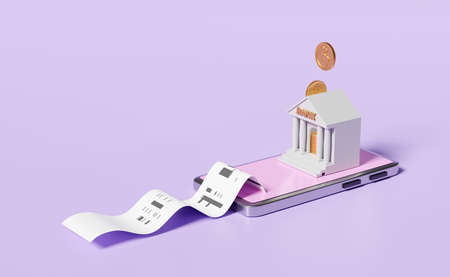 mobile phone,violet smartphone with coins,bank or tax office building,invoice,paper receipt,electronic bill payment isolated on purple background.saving money concept,3d illustration,3d renderの写真素材