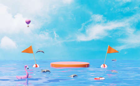 cylinder stage podium empty with summer sea,buoy,Inflatable flamingo,lifebuoy,flag,dolphins isolated on blue sky background.shopping summer sale concept 3d illustration or 3d renderの写真素材