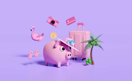 pink piggy bank with coconut,suitcase,camera,Inflatable flamingo,credit card,sandals,hat,coin isolated on purple background.save money for summer travel vacation concept,3d illustration,3d renderの写真素材