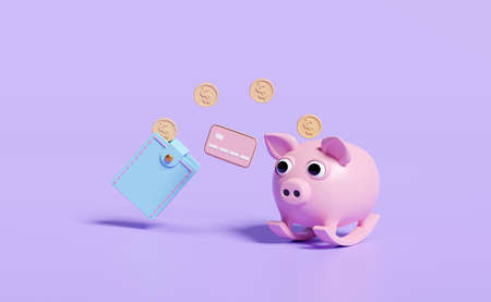 wallet and piggy bank with credit card,coins isolated on purple background.saving money concept  ,3d...