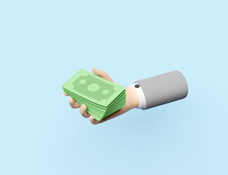 cartoon businessman hands holding banknote isolated on blue background.quick credit approval or loan approval concept,3d illustration or 3d renderの写真素材