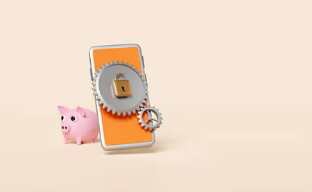 mobile phone,orange smartphone with gear,unlock,piggy bank isolated on beige pastel background.Internet security or privacy protection or ransomware protect concept,3d illustration or 3d renderの写真素材