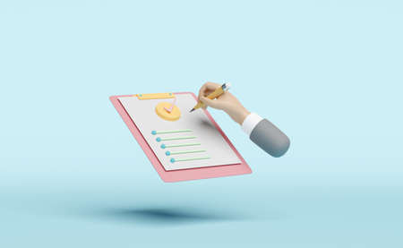 check list with businessman hands holding pencil,clipboard,check mark isolated on blue background.concept 3d illustration or 3d renderの写真素材
