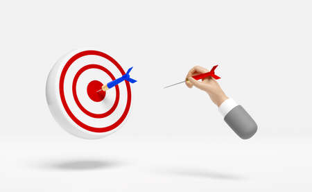 red target with businessman hands holding darts or arrow,dollar coins money isolated on white background,business goal concept,3d illustration or 3d renderの写真素材
