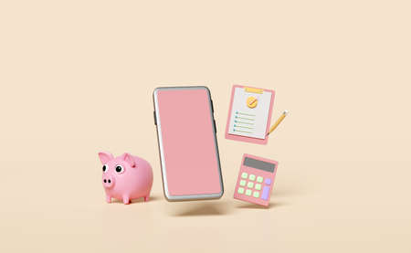 mobile phone,pink smartphone with piggy bank and check list  clipboard,pencil,calculator,check mark...