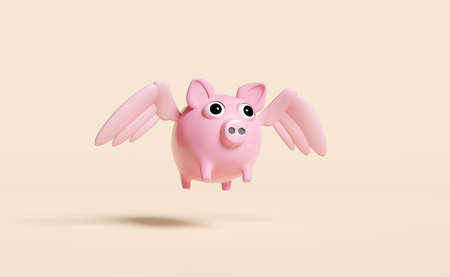 pink piggy bank with wings isolated on beige background.saving money concept,3d illustration or 3d renderの写真素材