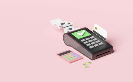 payment machine or pos terminal, electronic bill payment and credit card with invoice or paper check receipt,calculator,coin isolated on pink  background ,3d illustration or 3d renderの写真素材