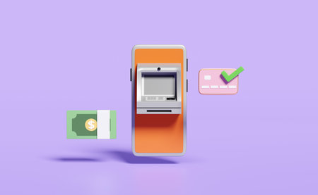 withdrawal cash with atm machine transaction,banknote,check mark mobile phone,smartphone,credit card isolated on purple background.3d illustration,3d renderの写真素材