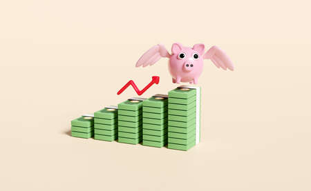 arrow graph with pile dollar banknote,piggy bank,wings isolated on beige background.financial success and growth or saving money concept,3d illustration,3d renderの写真素材