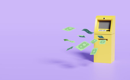 withdrawal cash with atm machine transaction,banknote isolated on purple background.3d illustration,3d renderの写真素材