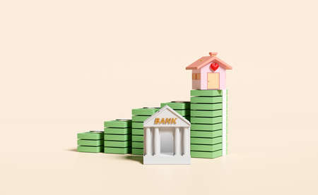 bank or tax office building with pile dollar banknote,house isolated on beige background,business strategy,growth concept,3d illustration,3d renderの写真素材