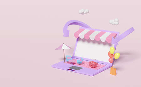 laptop computer with store front,shopping cart,paper bags,arrow,cloud,coffee table,umbrella,chair isolated on pink pastel background,online shopping concept,3d illustration or 3d renderの写真素材