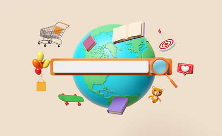 blank search bar with magnifying,shopping cart,paper bag,world,book,target,toy,like heart icons isolated on beige background.web search engine or web browsing concept,3d illustration,3d renderの写真素材