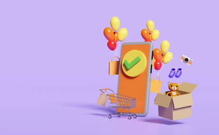 mobile phone,smartphone with check mark,shopping cart,price tags,bag,toy,goods cardboard box isolated on purple background.online shopping sale,concept 3d illustration,3d renderの写真素材