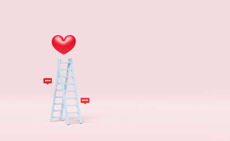 blue ladder or stepladder with red heart isolated on pink pastel background.health love or world heart day,valentine's day concept,minimal abstract,3d illustration or 3d renderの写真素材