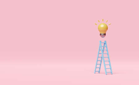 blue ladder or stepladder with yellow light bulb isolated on pink pastel background.idea concept,minimal abstract,3d illustration or 3d renderの写真素材