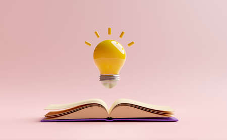 yellow light bulb with open book isolated on pink background.idea tip education,knowledge creates ideas concept,minimal abstract,3d illustration or 3d renderの写真素材