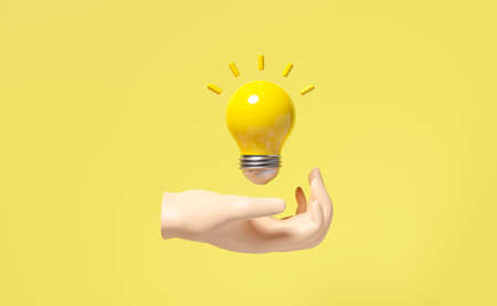 Hand holds light bulb isolated on yellow background.business idea tip concept,minimal abstract,3d illustration or 3d renderの写真素材
