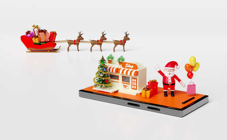 shop store front with mobile phone ,smartphone,shopping paper bags,santa claus,christmas tree,reindeer isolated on white background.startup franchise business concept,3d illustration,3d renderの写真素材
