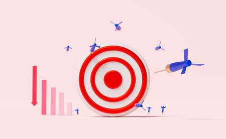 White red target with darts or arrow,bar graph isolated on pink pastel background,miss the target, overshoot concept,3d illustration or 3d renderの写真素材