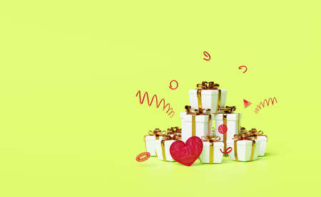 white gift box with golden bow,red wireframe heart icons isolated on green background.christmas and...