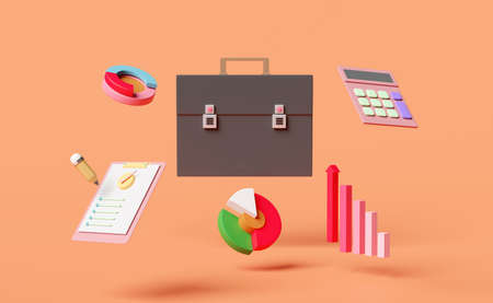 briefcase with analysis business financial data,white clipboard checklist,calculator,arrow,bar graph isolated on orange background,Online marketing,business strategy concept,3d illustration,3d renderの写真素材