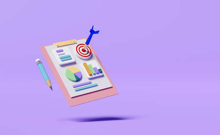 charts,graph with analysis business financial data,white clipboard checklist,target,darts or arrow,pencil isolated on purple background,business strategy concept,3d illustration or 3d renderの写真素材