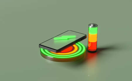 Wireless charging pedestal with smartphone battery isolated on green background.charging battery technology concept,3d illustration,3d renderの写真素材