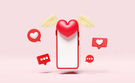 mobile phone,smartphone with like red heart,social media,like notifications,heart and wings isolated on pink background.health love,world heart day,valentine's day concept,3d illustration,3d renderの写真素材