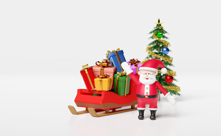 santa claus with sleigh,gift box,christmas tree isolated on white background.website or poster or Happiness cards,banner and festive New Year, 3d illustration or 3d renderの写真素材
