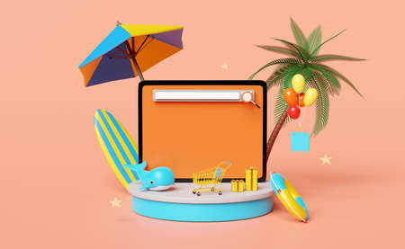 stage podium with mobile phone,smartphone,umbrella,balloon,palm,shopping paper bags,lifebuoy,whale isolated on orange.web search engine,online shopping summer sale concept,3d illustration,3d renderの写真素材