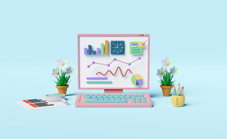 laptop computer with charts graph,analysis business financial data,magnifying glass,clipboard...