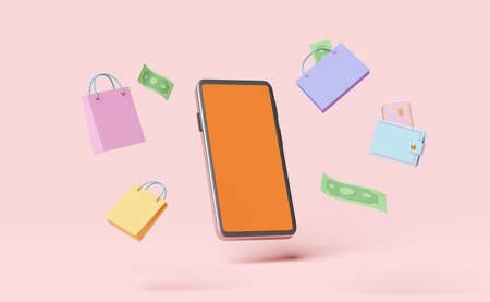 wallet and orange mobile phone,smartphone with banknote,credit card,shopping paper bags isolated on...