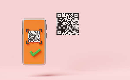 orange mobile phone or smartphone with barcode,qr code scanning,check mark isolated on pink background.online shopping concept,3d illustration,3d renderの写真素材