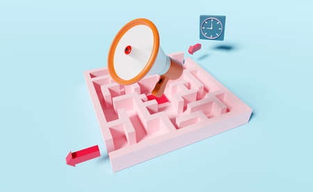 maze with arrow,time clock,orange megaphone or hand speaker isolated on blue background.finding...