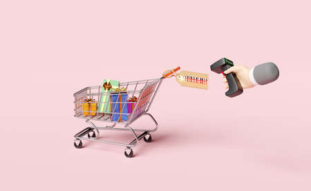 shopping cart with gift box,businessman hands holding barcode scanner,price tags isolated on pink...