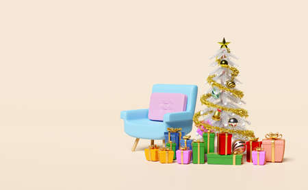 sofa chair with gift box,christmas tree isolated on beige background.website,poster or happiness...