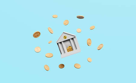 bank or tax office building with gold bar,dollar coin isolated on blue background.saving money...