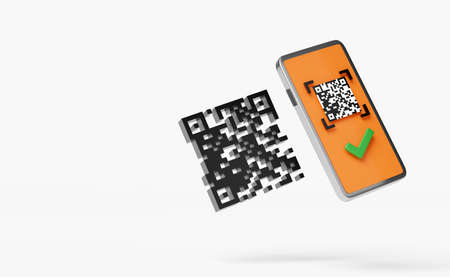 orange mobile phone or smartphone with barcode,qr code scanning,check mark isolated on white background.online shopping concept,3d illustration,3d renderの写真素材