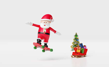 santa claus playing skateboard or surf skate with sleigh,gift box,christmas tree isolated on white.website or poster or Happiness cards,banner and festive New Year, 3d illustration or 3d renderの写真素材