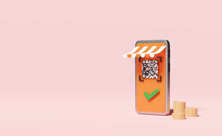 orange mobile phone or smartphone with store front, barcode,qr code scanning,check mark isolated on...