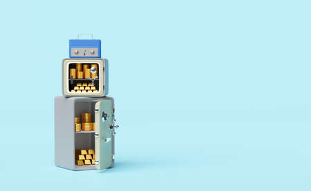 Safe box full of coins stack and gold bar in blue background ,business banking concept ,3d...